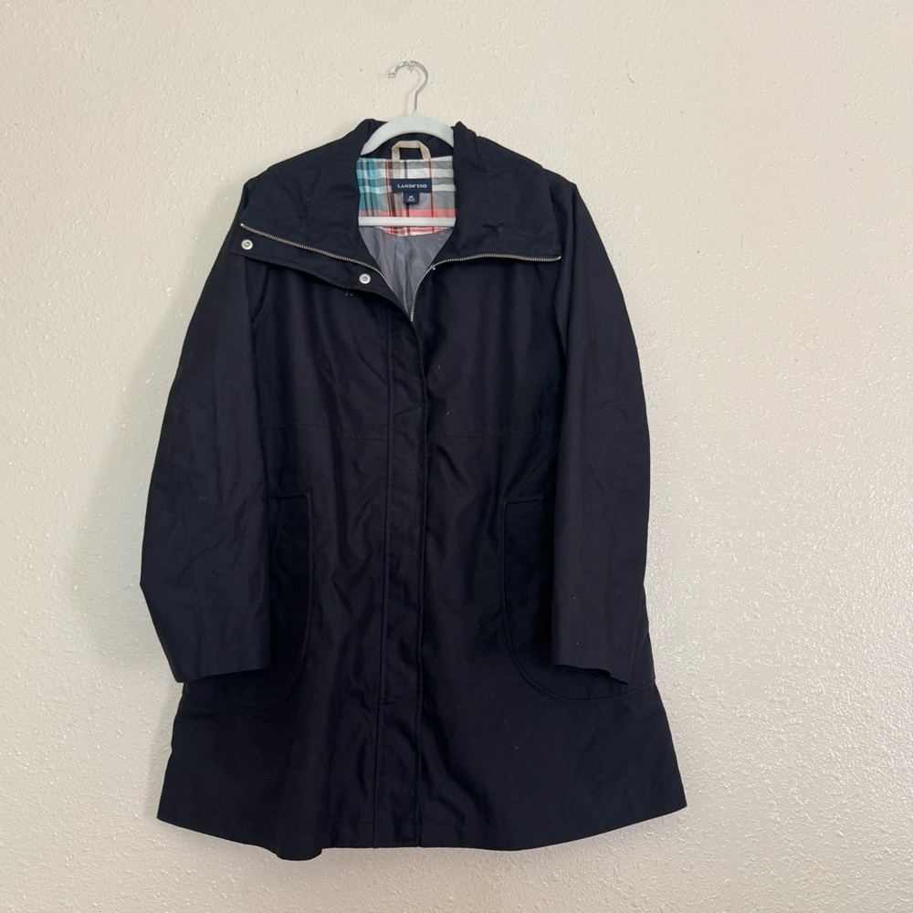 Lands End Black Nylon Chore Rain Coat Barn Preppy Classic Timeless Fisherman